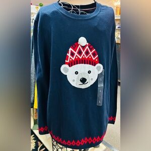 Tommy Hilfiger Navy and Red Polar Bear Sweater, NWT, Large, bear with Pom Pom!
